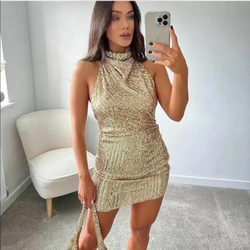 Zara Gold Short Halter Sequin Dress